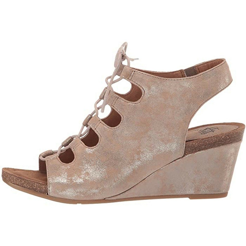 Sofft Womens Tan Suede Lace Up Low Wedge Sandals Gold Metallic Shimmer Peep Toe